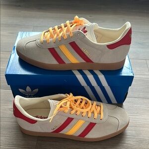 Adidas Women’s Gazelle Sneakers in Beige with Red and Yellow Stripes